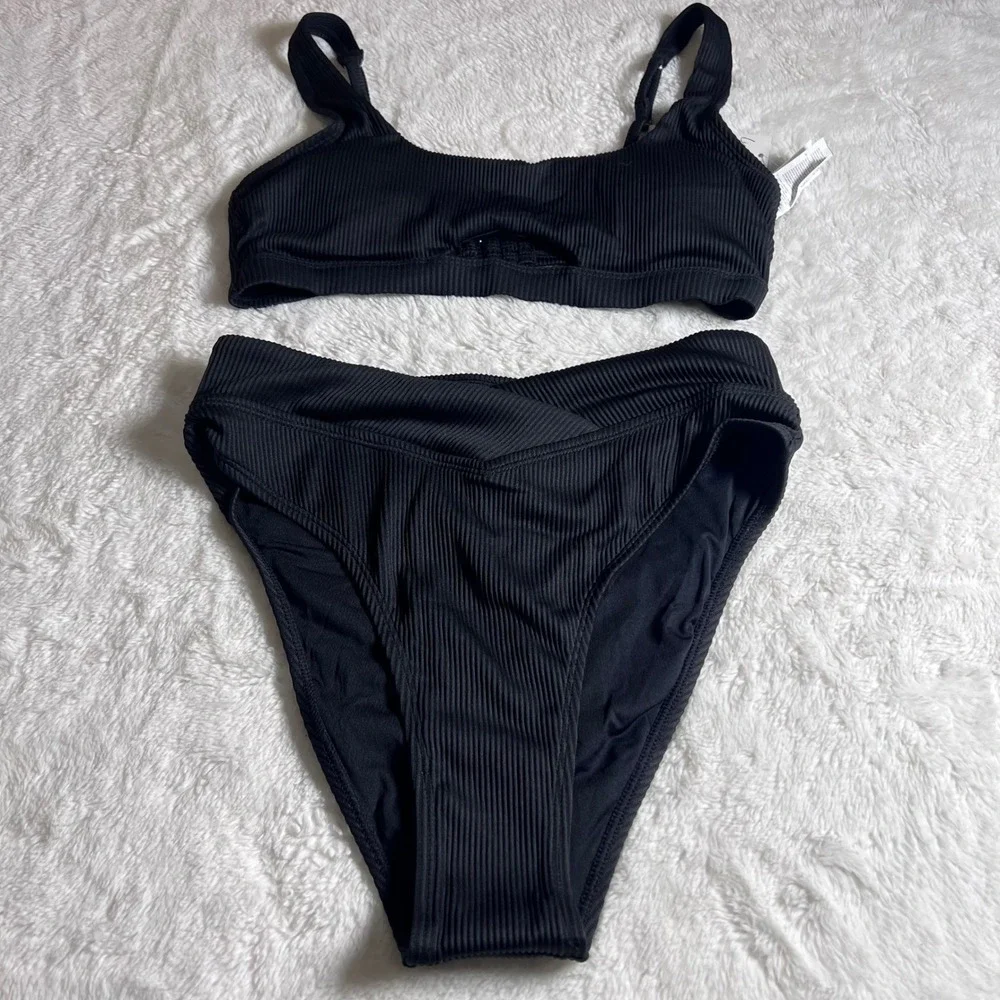 Cupshe Black Ribbed High Waisted Bikini Set Keyhole Top Crossover‎ Bottom Medium